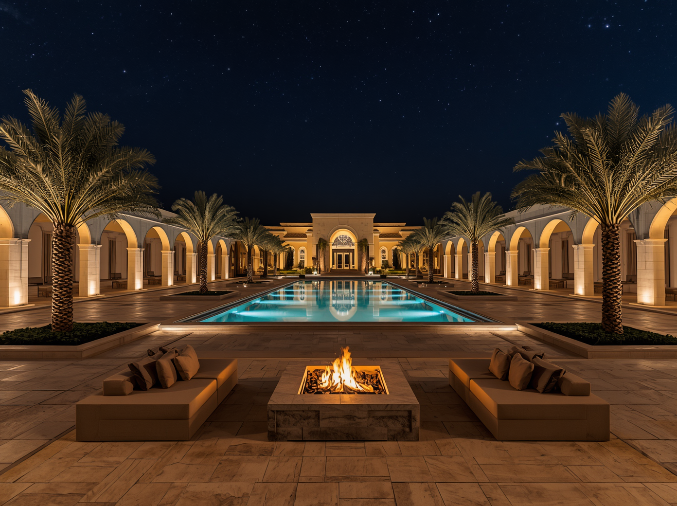 Landmark luxury estate illuminated at night